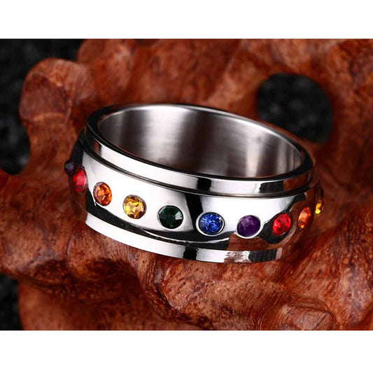 Iridescent Zircon Spinning Ring Stainless Steel Band for Women Fashion Electroplated Mosaic Titanium Steel Anxiety Relief Fidget Spinner