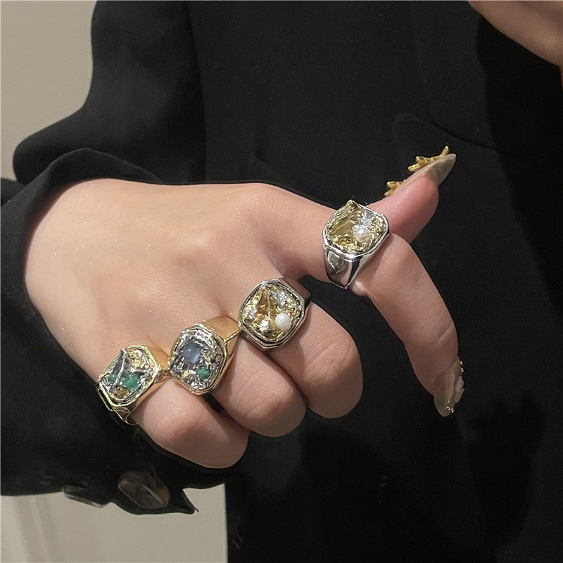 Womens Retro Geometric Alloy Rings Gold Plated Artificial Gemstone Fashion Jewelry Elegant Durable Versatile Chic