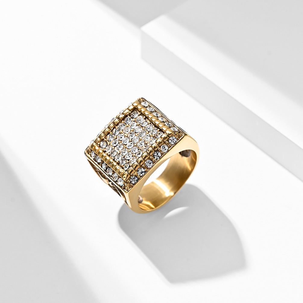 Mens Hip Hop Ring Gold Plated Rhinestone Stainless Steel Geometric Statement Jewelry Unisex Sizes 7 8 9 10 11 12