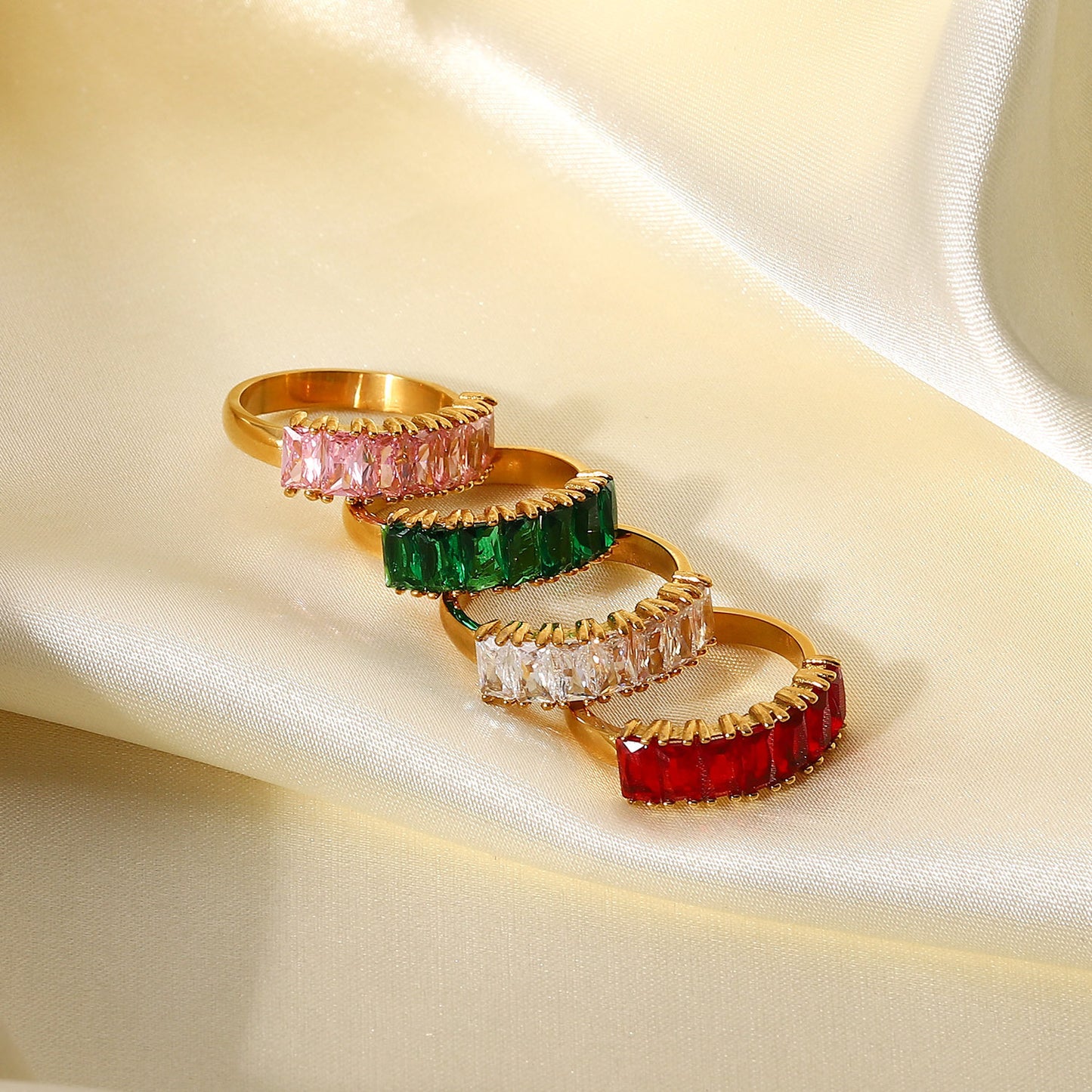 Women Ring 18K Gold Plated Half Ring Stainless Steel Zircon