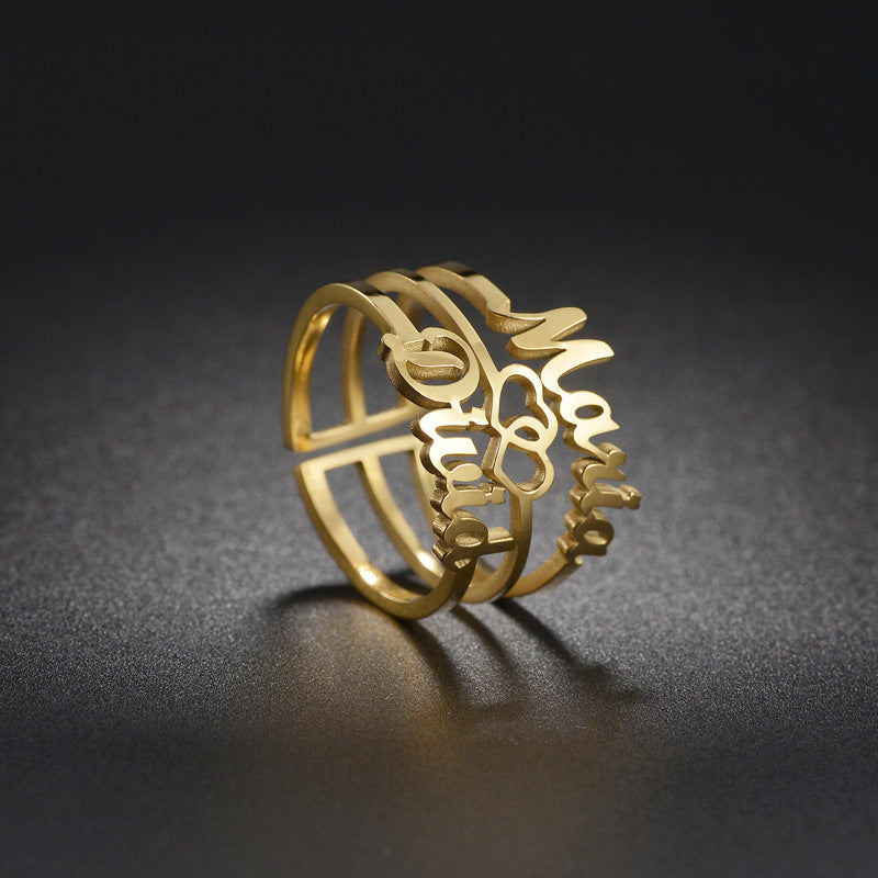 Personalized Ring Three Layer Stainless Steel Engraved Name Letters Numbers Geometric Shape Ring Steel Gold Rose Gold