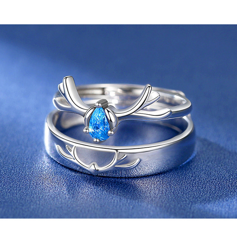 Sterling Silver Couple Ring Set Deer Design Adjustable Opening Matching Bands For Him And Her Promise Jewelry Gift
