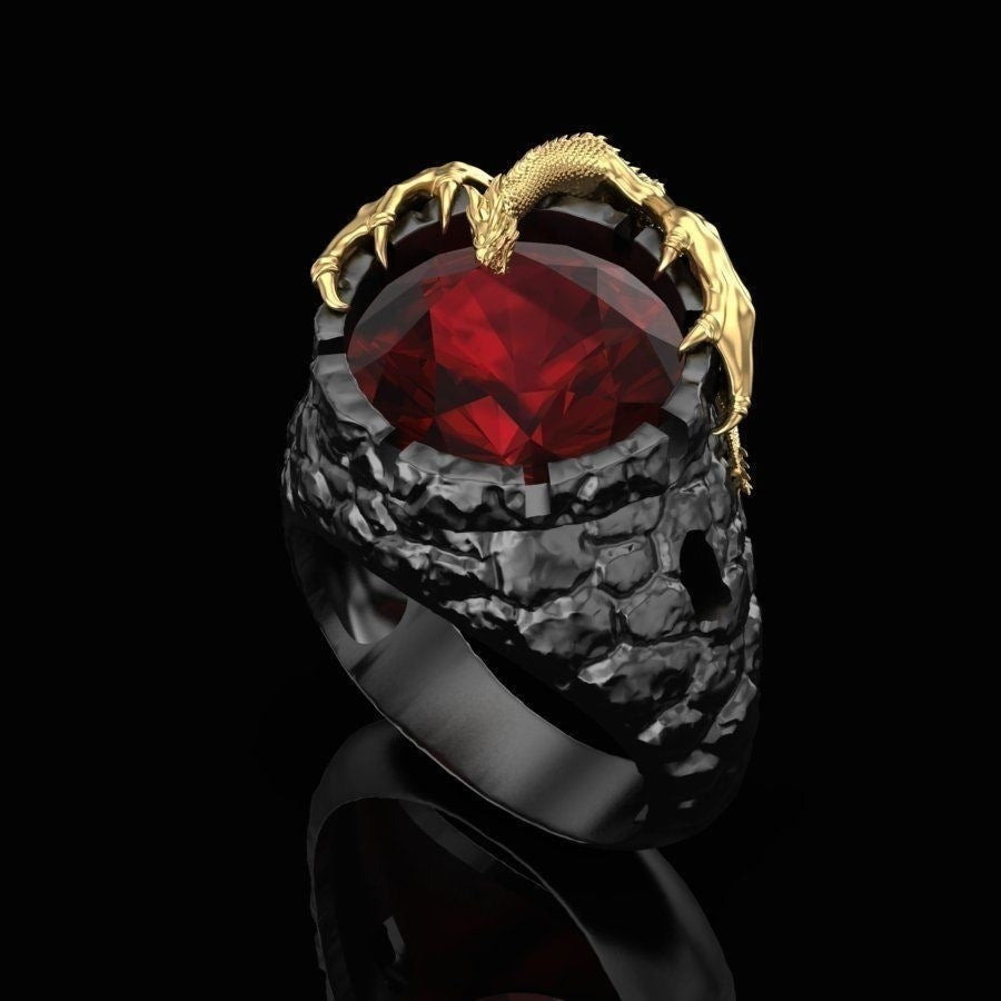 Personalized Gold Two Tone Ruby Dragon Ring For Men Elegant Jewelry Gift Custom Engraving Bold Statement Accessory