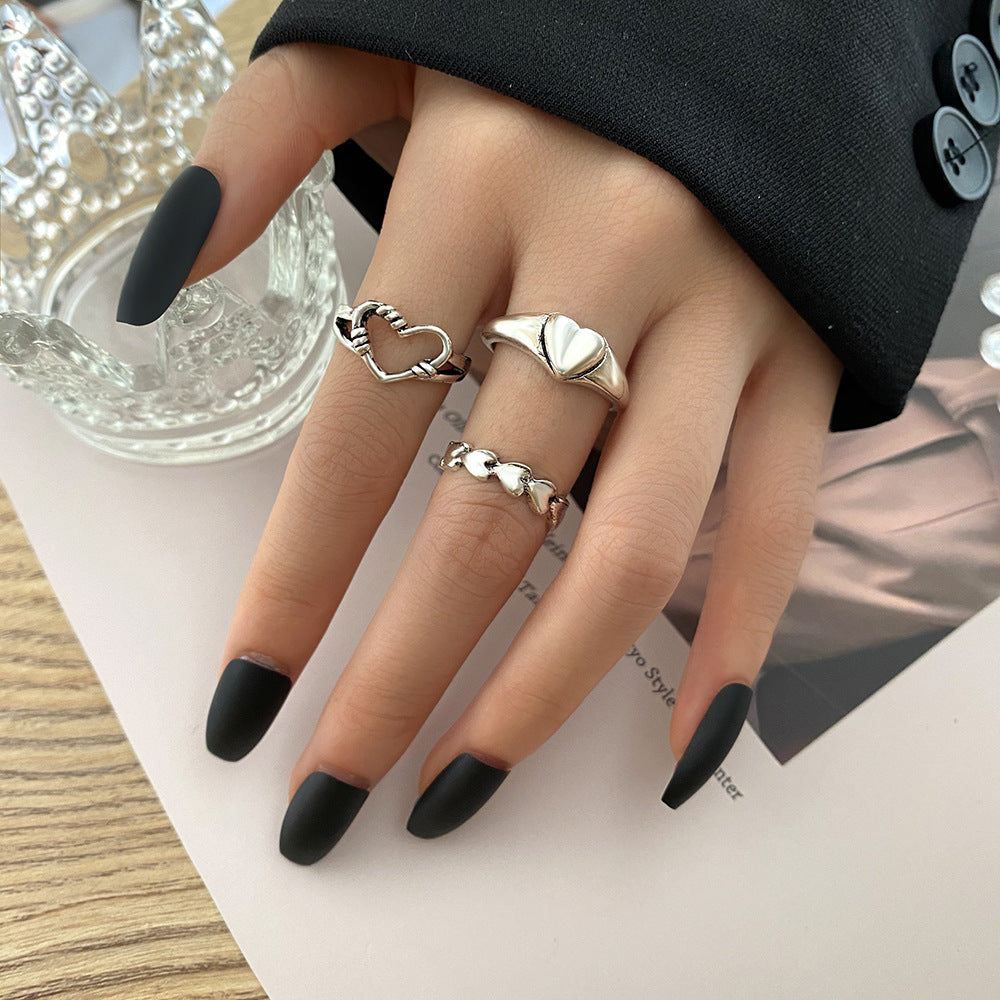 Three Piece Alloy Ring Set Featuring Heart Snake Butterfly Chain Bee Pentagram Shapes Anniversary Birthday Gift