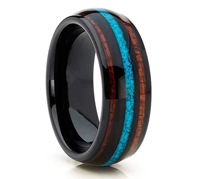 Unisex Tungsten Titanium Steel Ring With Three Grooves And Turquoise Inlaid Band Rings For Men And Women Black