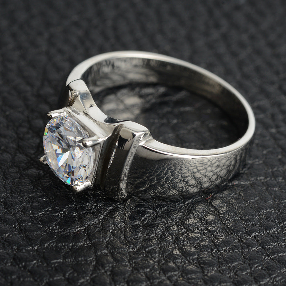 Men's Stainless Steel Ring with Simulation Diamond Inlay Titanium Steel Band Natural Design Ring Gift for Him White Steel or Electric Gold Finish