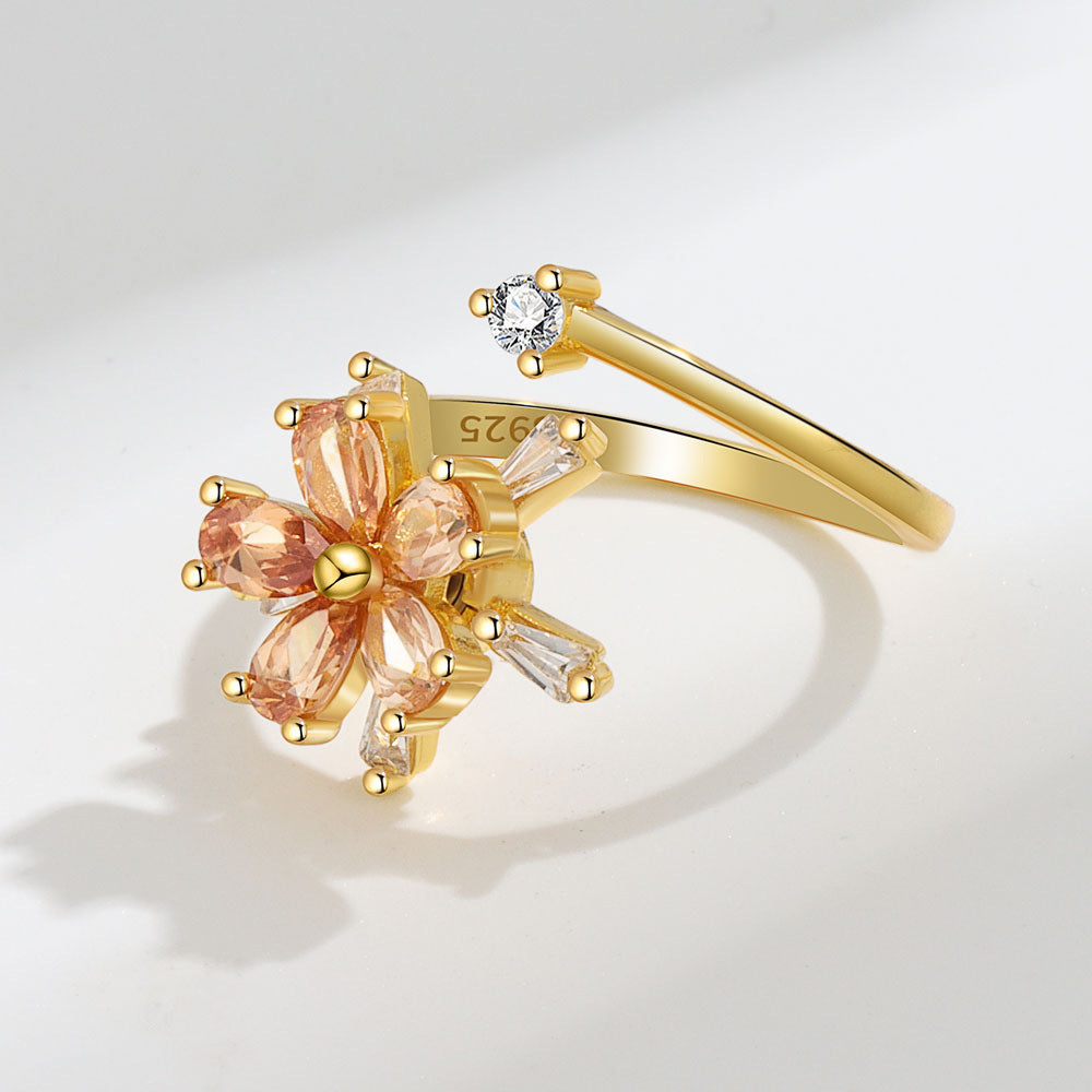 Women Adjustable Opening Ring With Rotating Rose Flower Design Copper Ring With Zircon Floral Geometry Collection